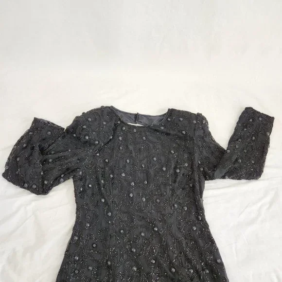Vintage JOAN LESLIE Hollywood-Fairy-Tale Beaded Black Silk Sheath Dress Size 10. - Picture 10 of 16